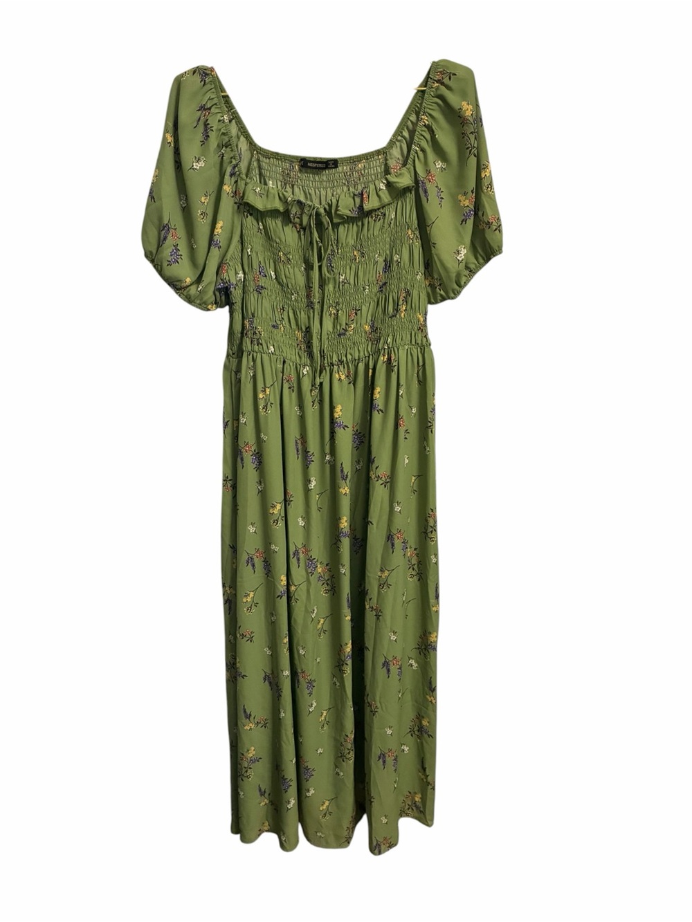 Hesperus Sage Green Floral Smocked Midi Dress Puff Sleeve 2X